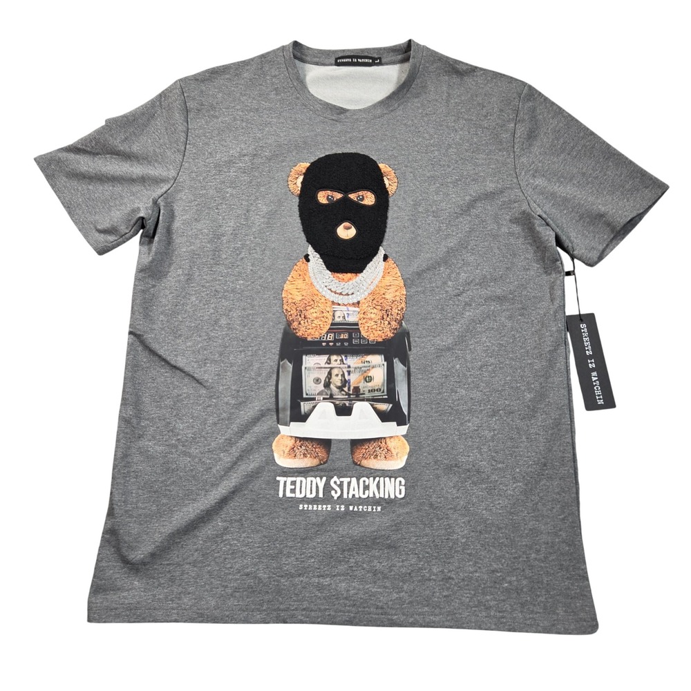 Streetz Iz Watchin Teddy Stacking Graphic T-Shirt Mens Large Gray NWT